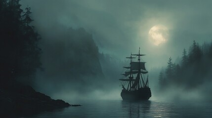 Obraz premium A sailing ship at night in a misty bay under a full moon.