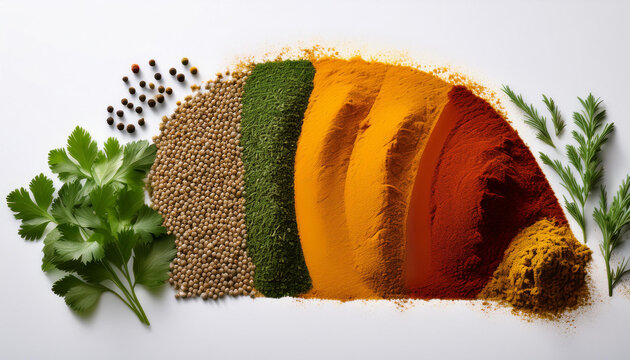 various cooking spices like turmeric paprika and cumin elegantly displayed in a semi circle on a bright white surface accompanied by sprigs of fresh parsley and coriander