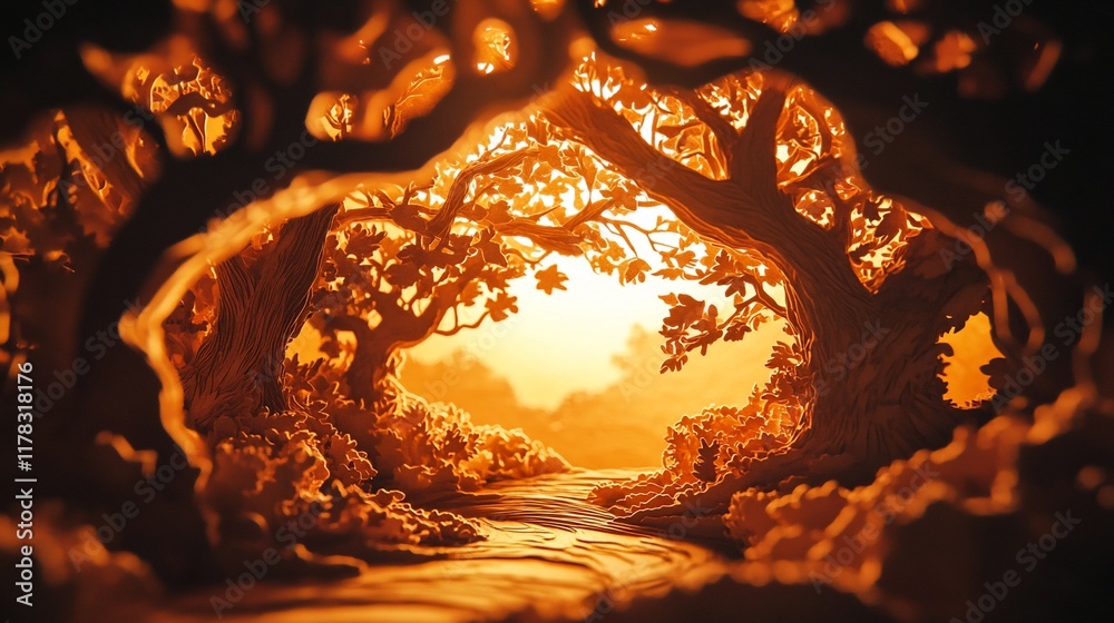 Poster golden hour sunlight streams through a carved forest scene, illuminating a tranquil path and lush fo