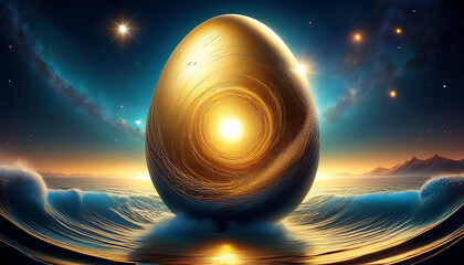 the solar system is born from a golden egg around the egg is the milky way galaxy and the egg emerges from the sea of cosmic waters the strong impact from solar sytem creates waves in the ocean