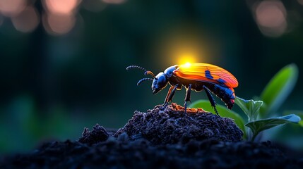Close-up of a vibrant beetle illuminated at sunset, perched on dark soil near a sprout.