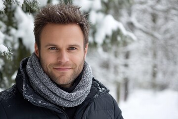 Confident man enjoys the serene winter scenery, showcasing youthful fashion in warm clothing and a cozy scarf, exuding style against a snowy backdrop