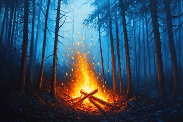 Mystical campfire burning brightly in a dense, foggy forest at night.