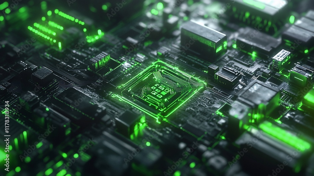 Poster Close-up of a glowing green circuit board with a central processor.