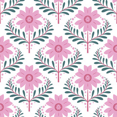 Fototapeta premium Soft Pink Floral Pattern with Elegant Folk Art Style for Seamless Backgrounds