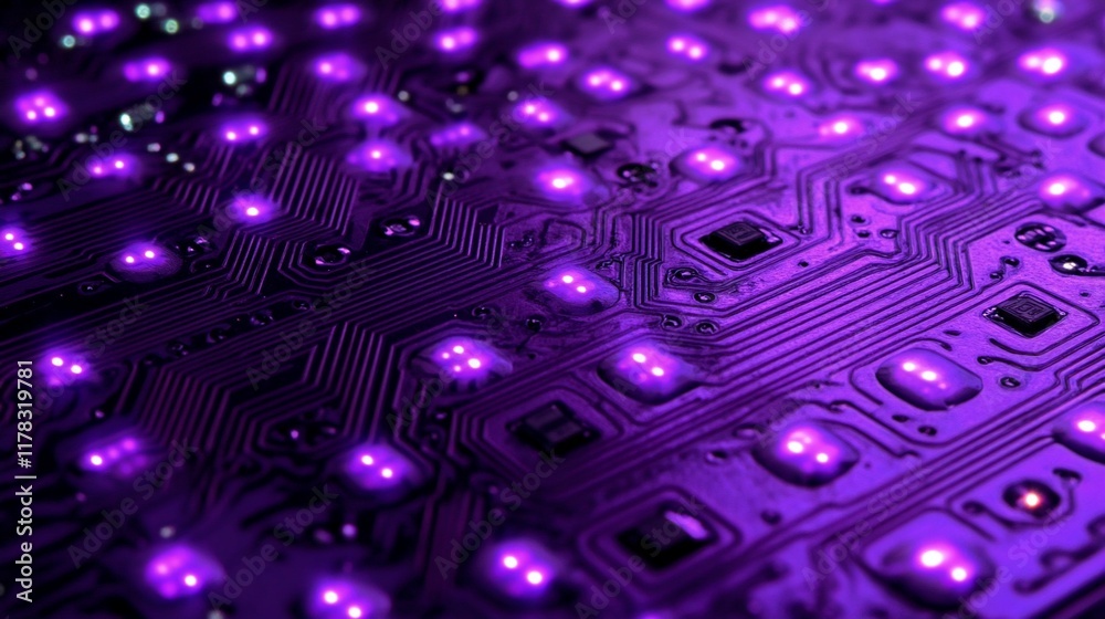 Poster Close-up of illuminated purple circuit board with integrated circuits and pathways.