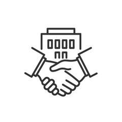 企業・政府と握手のビジネスベクターアイコン(線画・白塗り)