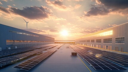 Obraz premium Sunset over solar-powered industrial complex.