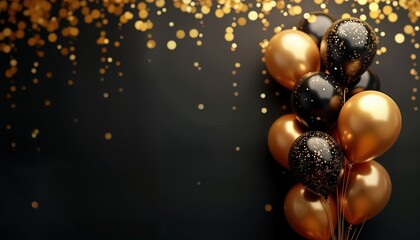Gold, black balloons on dark background with golden confetti. Celebration background for design purpose. Perfect for party decor celebration events. Use for birthday party anniversary celebration.