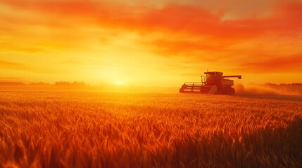 Fototapeta premium Harvest sunset, combine harvester in golden wheat field.