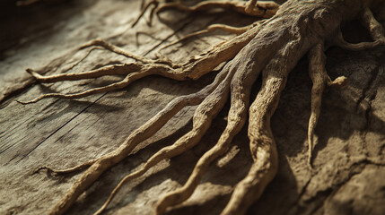 Fototapeta premium Dried ginseng roots on wooden surface in rustic style