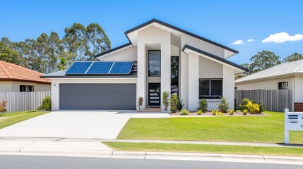 Modern house with solar panels in a suburban setting.
