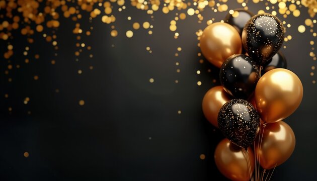 Gold, black balloons on dark background with golden confetti. Celebration background for design purpose. Perfect for party decor celebration events. Use for birthday party anniversary celebration.