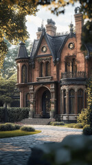 Elegant Victorian architecture, classic brick building with detailed facades and arched windows