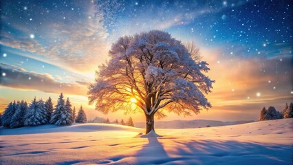 Frozen forest, snow-laden branches and Christmas trees create a winter wonderland.