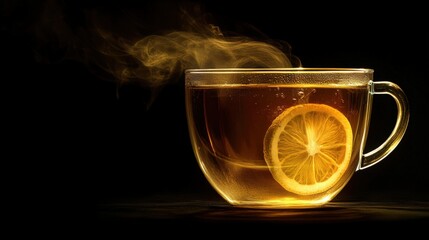 A cup of tea with a slice of lemon in it