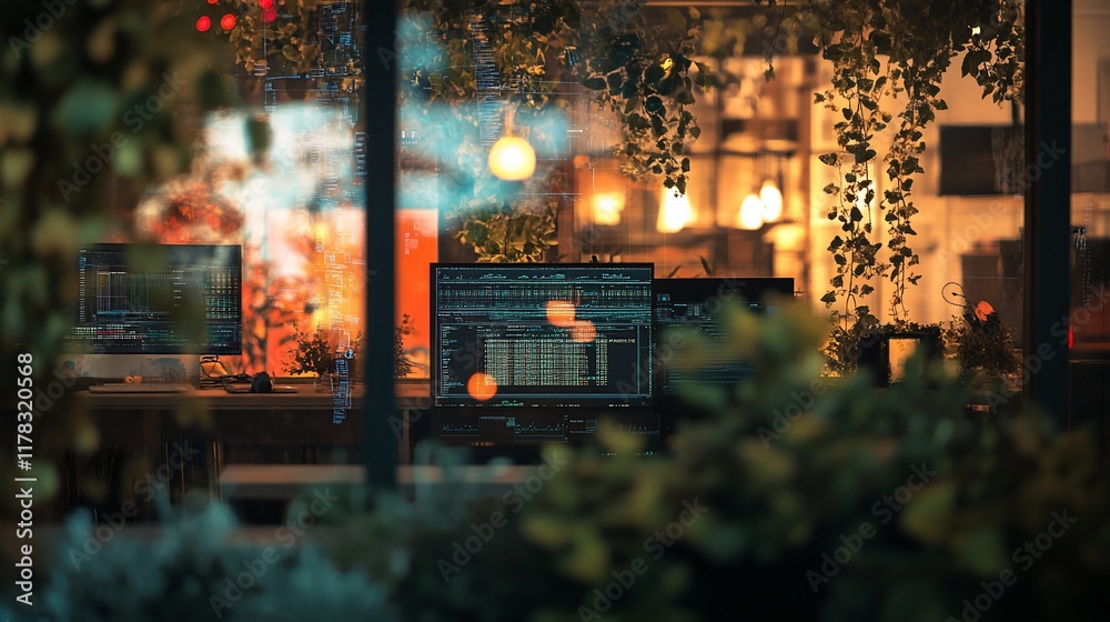 Poster Night view of a modern office interior with computers displaying data, plants, and warm lighting seen through a window.