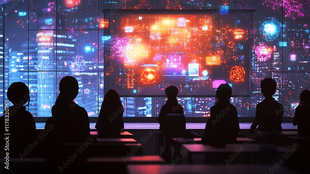 Leinwandbilder silhouetted figures attentively watch a vibrant digital presentation depicting a futuristic cityscap
