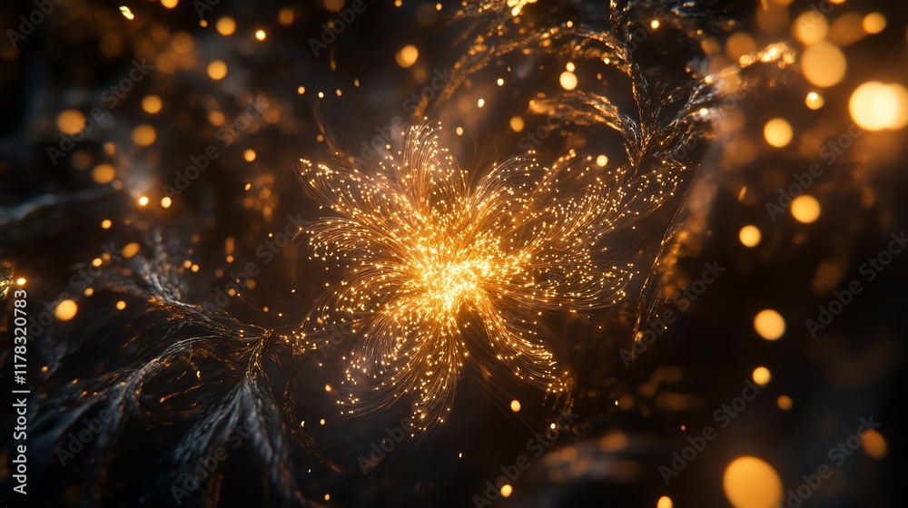 Poster abstract gold and black fractal flower with bokeh lights.