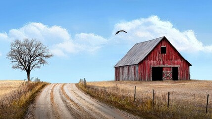 Obraz premium Scenic Rural Landscape with Red Barn and Dusty Dirt Road