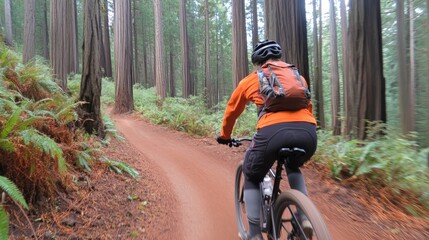 Naklejka premium A cyclist rides along a dirt path in a lush forest of tall trees.