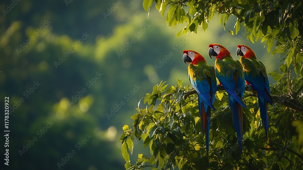 Poster three vibrant macaws perched on a tree branch in a lush green forest, bathed in sunlight.