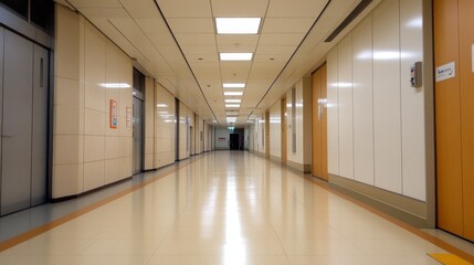 Fototapeta premium A long, empty hallway with overhead lights and doors on either side.