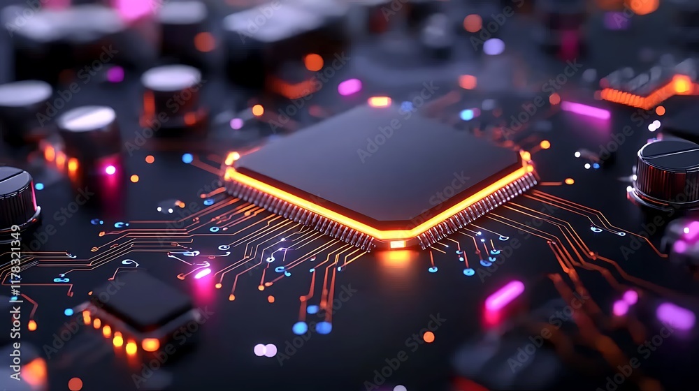 Poster close-up of illuminated central processing unit on circuit board.