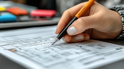 Hand drawing blueprint on table with blurred background for architectural design