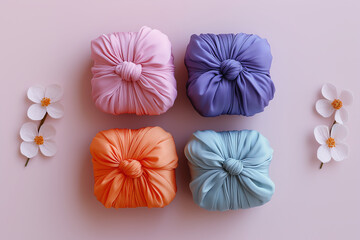 Bojagi presents, Korean traditional holiday bojagi template with a present beautifully wrapped with a pastel silky wrapping cloth, for Seollal, Chuseok	