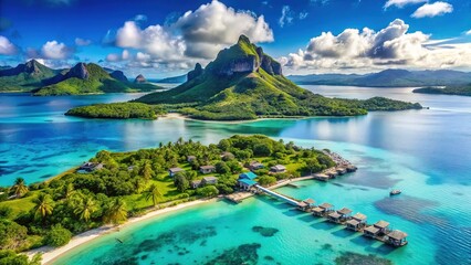 Naklejka premium Bora Bora: Overwater bungalows, vibrant lagoon.