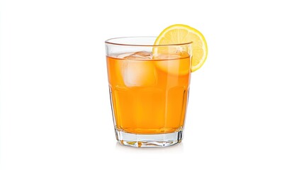 A refreshing glass of orange drink with ice and a lemon slice.