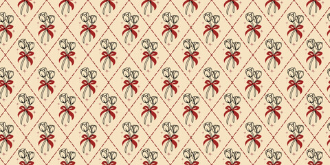 Roses with Cute Red Ribbon in Diamond Line Frame in Seamless Pattern