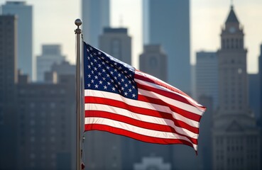 American flag flies at half-mast against New York City skyline. Tribute to significant event. City buildings form backdrop. National symbol of remembrance. Represents respect, honor. Autumnal tones