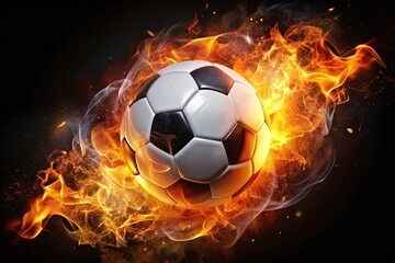 Naklejka premium Burning soccer ball, AI-generated nighttime scene.
