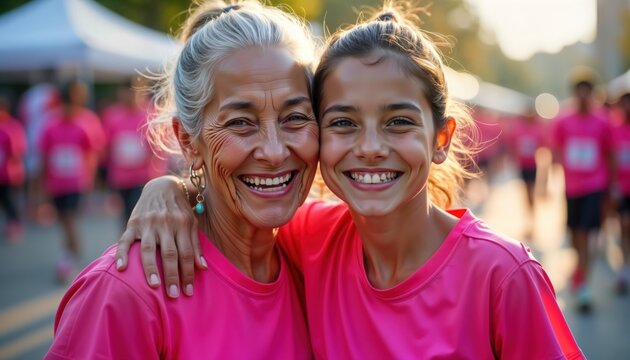 Senior Hispanic woman, granddaughter smile warmly embracing at breast cancer awareness race. Both wear pink athletic clothing. Participants in pink register in background. Family support, community
