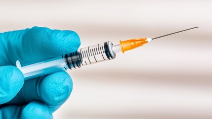 A gloved hand holds a syringe, showcasing its needle and orange cap.
