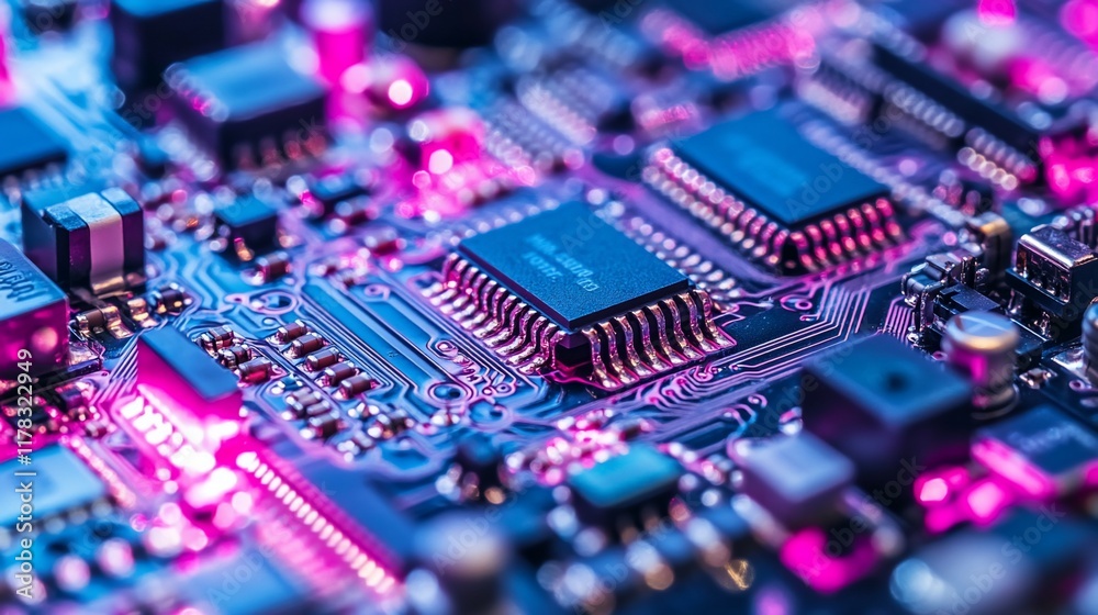 Poster close-up of circuit board with microchips and electronic components illuminated in pink and blue lig