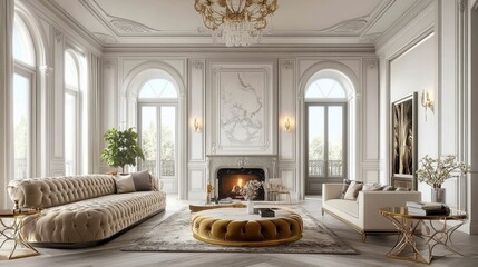 Classic luxurious interior, ornate white moldings, grand fireplace, crystal chandelier, tall windows, gilded mirrors, plush white furniture, marble floor, elegant decor, soft natural light, palatial l