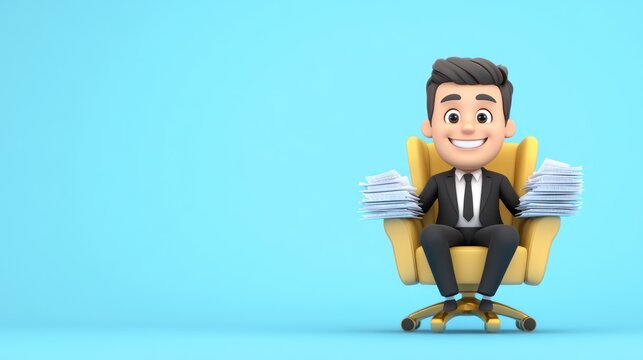A cheerful cartoon man in a suit sitting in a chair with papers.