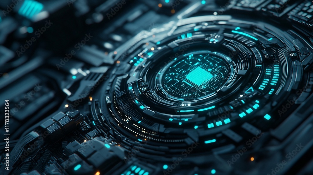Poster Close-up of a futuristic, glowing central processing unit with intricate circuitry.