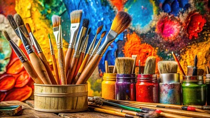 Colorful art tools pop against a painted canvas, AI-created.
