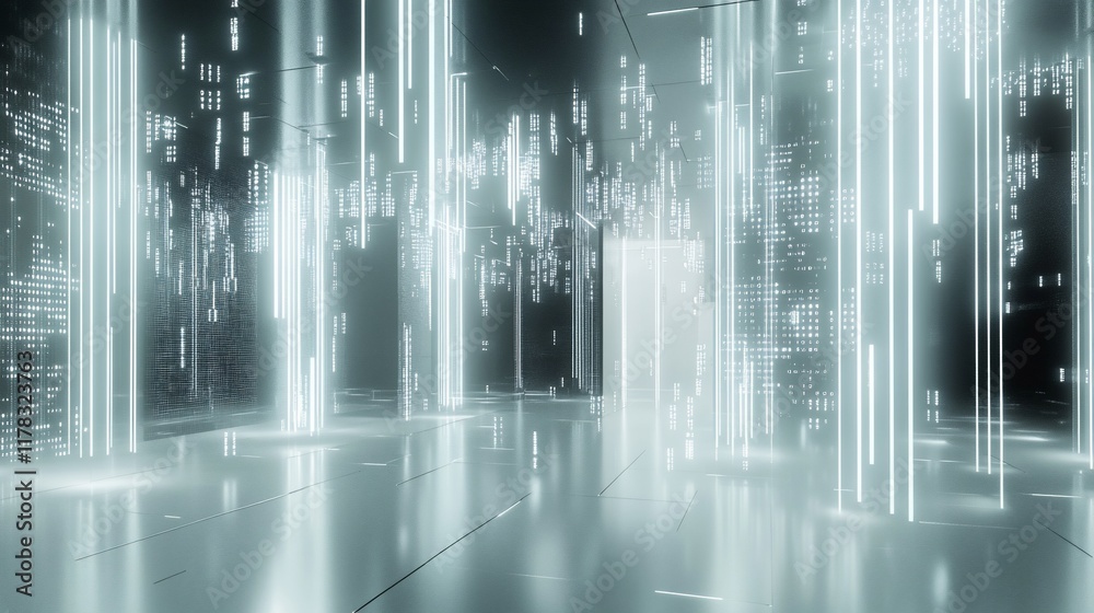 Poster Futuristic city scape with glowing lines and digital data streams.