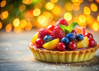 Colorful fruit tart, tantalizing close-up, missing piece.