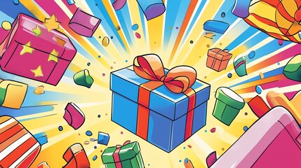 Exploding colorful gifts with a large central present.