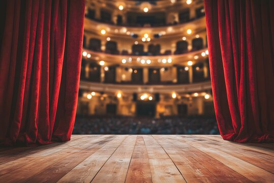 Elegant theater stage with red velvet curtains and polished wooden floor, showcasing an enchanting ambiance of lights and audience in background