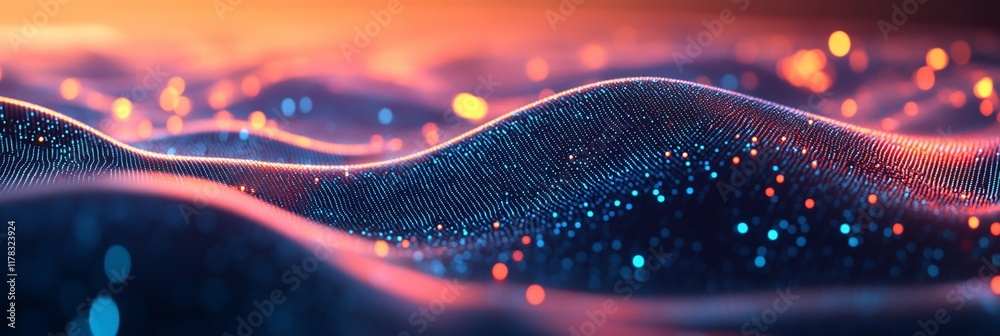 Poster abstract glowing particles forming a wave.