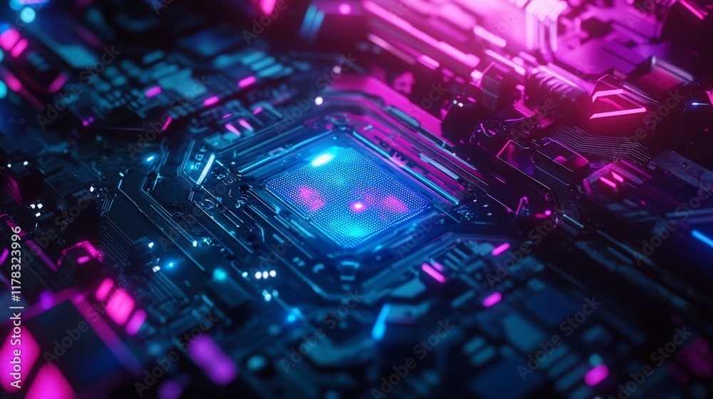 Poster Close-up of a futuristic, glowing circuit board with a central processor.
