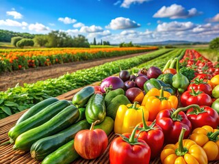 Colorful panoramic farm, fresh, organic produce.