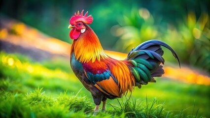 Fototapeta premium Colorful rooster atop grassy field; space for your text.